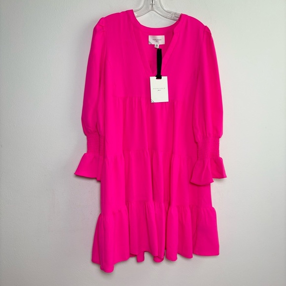 POMANDER PLACE Tuckernuck Electric Pink Crepe Kenzo Dress Ruffle Tiered M - Picture 4 of 17